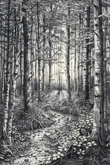 Fototapeta premium Serene Forest Landscape in Intricate Ink Line Art Depicting Tranquil River Amidst Towering Trees and Lush Undergrowth