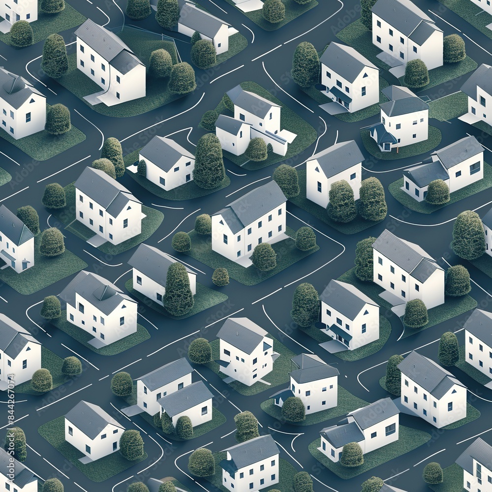 Poster a seamless repeating pattern of suburban houses with trees and roads.