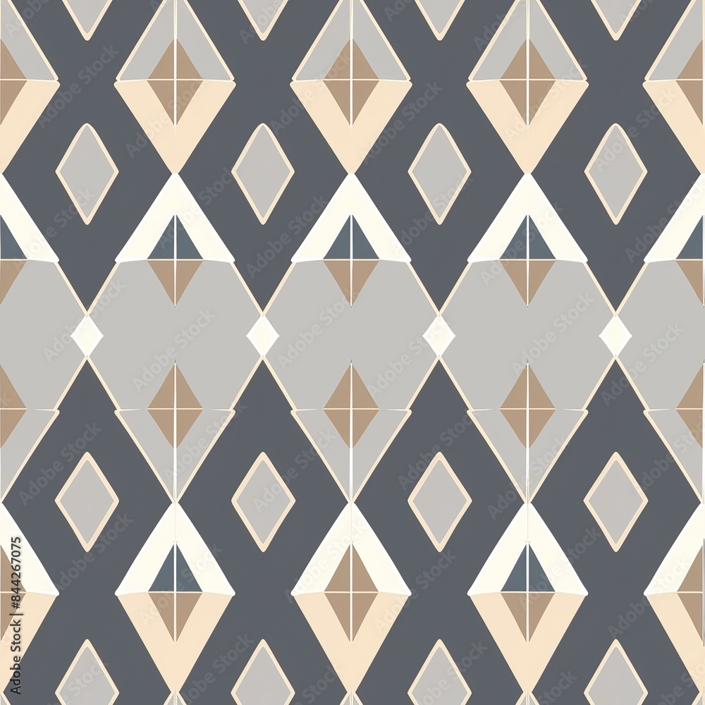 Poster a seamless repeating pattern of geometric shapes in gray and beige tones.
