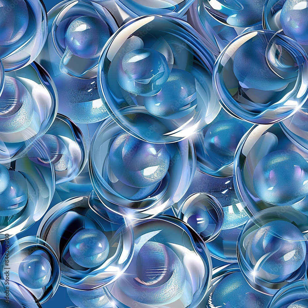 Poster a seamless repeating pattern of abstract blue metallic bubbles.