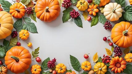 Bright background with beautiful thanksgiving decorating. Pumpkins with fruits, flowers, vegetables and leaves.