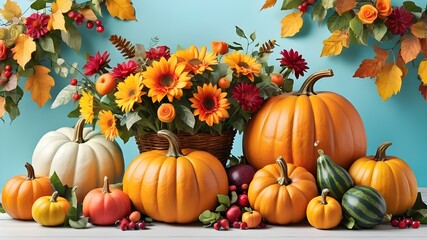 Naklejka premium Bright background with beautiful thanksgiving decorating. Pumpkins with fruits, flowers, vegetables and leaves.