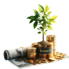 stack of silver coins the seedlings are growing on top with arrow of growth and green business icons on wooden cube concept of green business finance and sustainability investment carbon credit