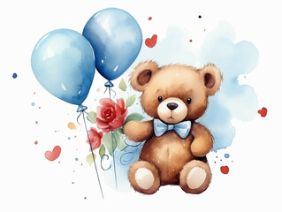 Cute couple watercolor teddy bears with balloon and flowers decoration vector illustrations for birthday party, kids book, sticker, fabric t-shirt, wall art, cover book