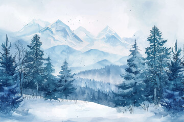 Winter background vector. Hand painted watercolor drawing for pine and mountain landscapes. Background design for invitation, cards, social post, ad, cover, sale banner and invitation.
