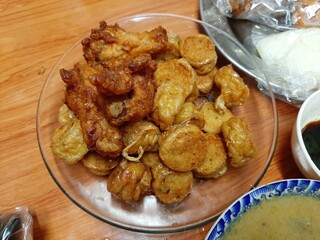 Plate of Fried Chicken and Fish Balls