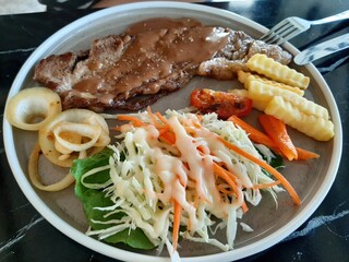 Steak with Gravy and Sides