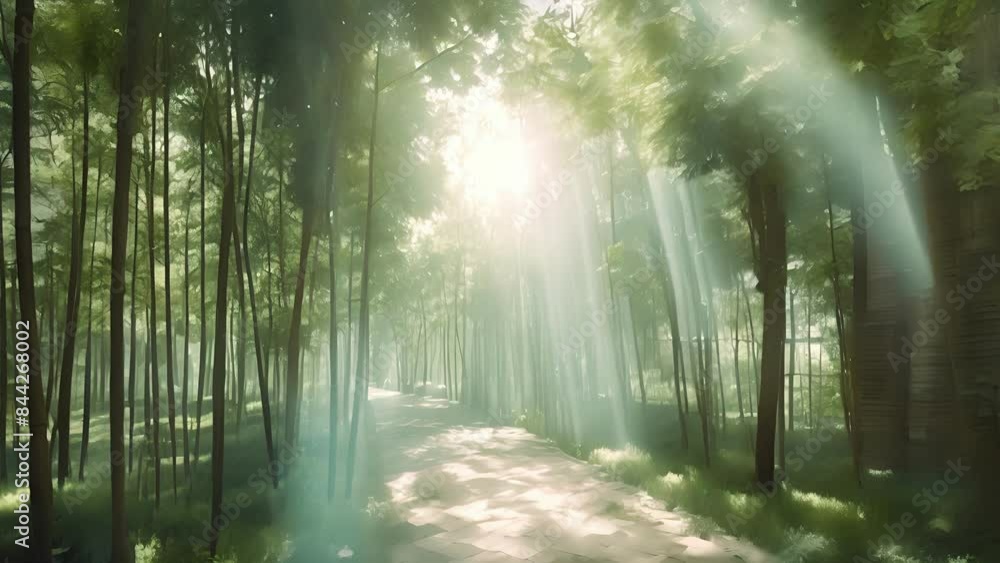 Poster stepping into a virtual bamboo forest you are surrounded by the rustling of leaves and the chirping 
