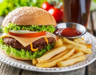 Burger and fries on plate and wooden table. Delicious fast food