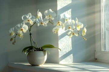 A potted orchid plant positioned near a studio window to capture soft natural light