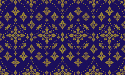 a detailed fabric pattern composed of flowers  designs and blue background 