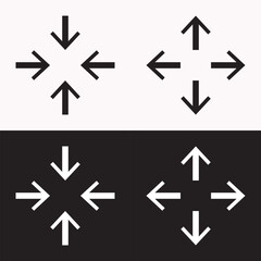 Symbol of expansion and contract, inward and outward arrows in circular, black and white vector illustration on white and black background. EPS 10.