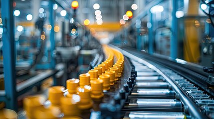 Obraz premium Automated Assembly Line in Modern Factory with Yellow Caps in Focus