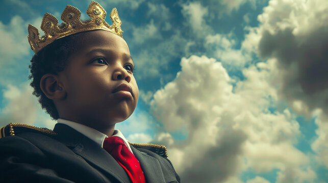 Childhood leadership : A young child wearing a crown gazes confidently into the distance, dressed in a suit and red tie, with a dramatic cloudy sky backdrop.
