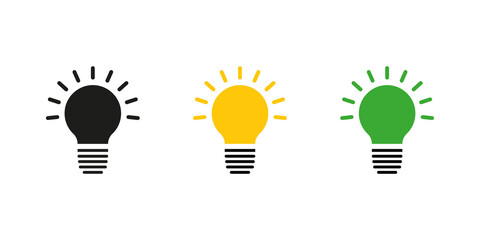 Glowing light bulb icon set on transparent background.