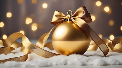 gold Christmas ball with ribbon and a bow, isolated on background.
