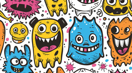 Smiling Cute Monster Doodles Vibrant and Cheerful Pattern with Happy Face