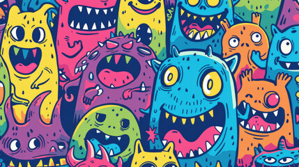 Obraz premium Smiling Cute Monster Doodles Vibrant and Cheerful Pattern with Happy Face