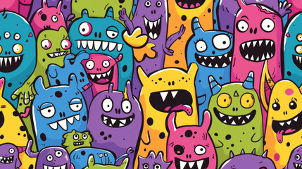 Smiling Cute Monster Doodles Vibrant and Cheerful Pattern with Happy Face