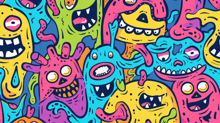 Smiling Cute Monster Doodles Vibrant and Cheerful Pattern with Happy Face