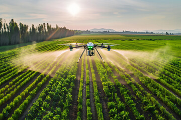 Drone Spraying Pesticides Over a Green Agricultural Field at Sunrise - Powered by Adobe