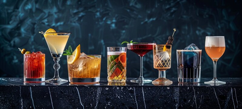Alcoholic drinks. Different types of alcoholic drinks are poured into different types of glasses. 