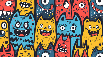 Smiling Cute Monster Doodles Vibrant and Cheerful Pattern with Happy Face