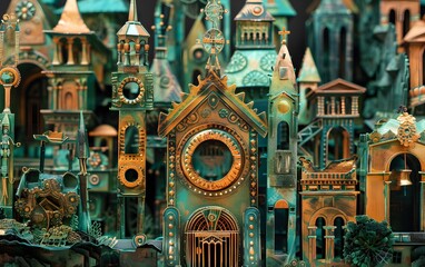 Fototapeta premium This paper sculpture diorama depicts an ancient Europe village, church in color metallic emerald, platinum, copper