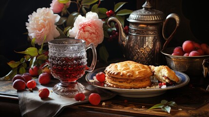 a plate of food and a cup of tea with a flower