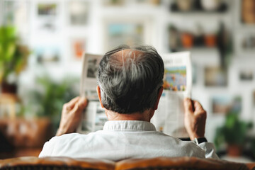 Senior man reading newspaper in living room