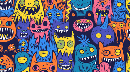Smiling Cute Monster Doodles Vibrant and Cheerful Pattern with Happy Face
