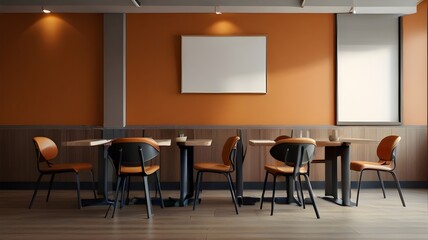 conference room with chairs, Modern cafe interior with tables chairs and a large blank white screen.generative.ai, empty college classroom with clean blackboard with copy space

