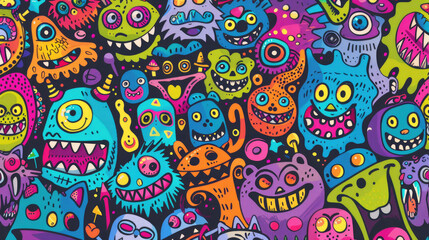 Smiling Cute Monster Doodles Vibrant and Cheerful Pattern with Happy Face