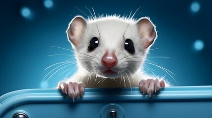 Adorable Weasel Kit Gazing with Curious Eyes on Solid Steel Blue Background