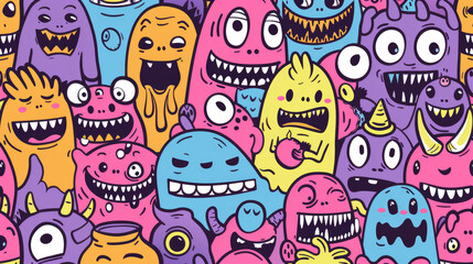 Smiling Cute Monster Doodles Vibrant and Cheerful Pattern with Happy Face