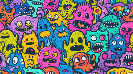 Fototapeta premium Smiling Cute Monster Doodles Vibrant and Cheerful Pattern with Happy Face