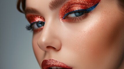 Naklejka premium Close-up of a woman's face with bold and vibrant eye makeup, featuring glitter and colorful eyeliner. Beauty and fashion portrait.