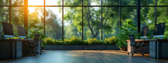 Fototapeta premium Business workplace in modern office space. Office interior with panoramic window and green plants background.