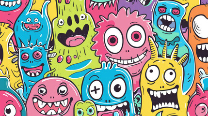 Smiling Cute Monster Doodles Vibrant and Cheerful Pattern with Happy Face