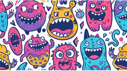 Smiling Cute Monster Doodles Vibrant and Cheerful Pattern with Happy Face