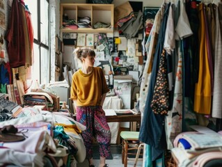 Woman standing in front of a closet filled with clothes and various items of clothing in a fashionable wardrobe organization concept