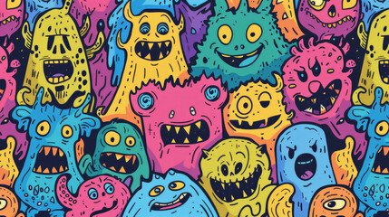 Smiling Cute Monster Doodles Vibrant and Cheerful Pattern with Happy Face