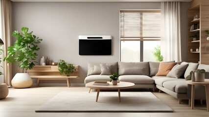 Place the mockup of the air conditioner purifier or AC controller split unit in a prominent position within the living room setting. Ensure that the product is showcased clearly and prominently, allow