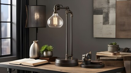 Develop an industrial-style table lamp with metal accents, exposed bulbs, and rugged finishes, inspired by urban loft living and industrial design trends.