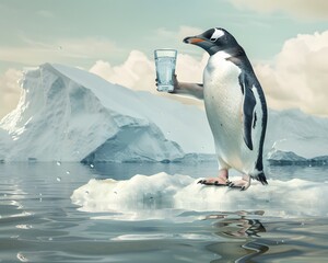Obraz premium Illustration of Penguin enjoying sparkling water under a shimmering aurora borealis, detailed, vibrant colors, magical realism. Ai Generate.