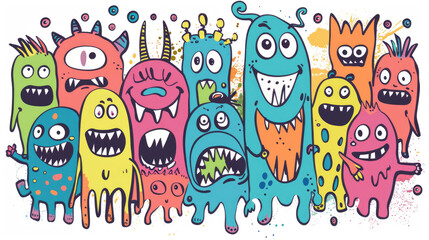 Fototapeta premium Smiling Cute Monster Doodles Vibrant and Cheerful Pattern with Happy Face