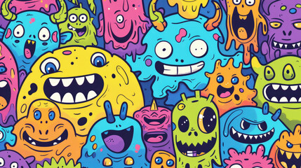 Smiling Cute Monster Doodles Vibrant and Cheerful Pattern with Happy Face
