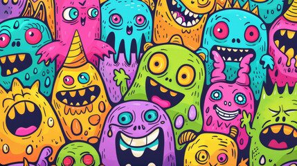 Smiling Cute Monster Doodles Vibrant and Cheerful Pattern with Happy Face