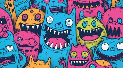 Smiling Cute Monster Doodles Vibrant and Cheerful Pattern with Happy Face