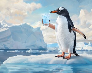 Fototapeta premium Illustration of Penguin enjoying sparkling water under a shimmering aurora borealis, detailed, vibrant colors, magical realism. Ai Generate.